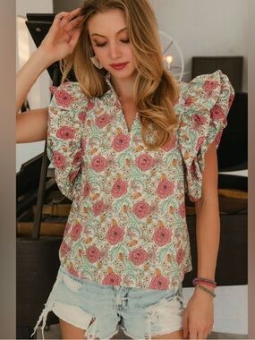 Pastel Floral Poplin Puff Ruffle Sleeve Top